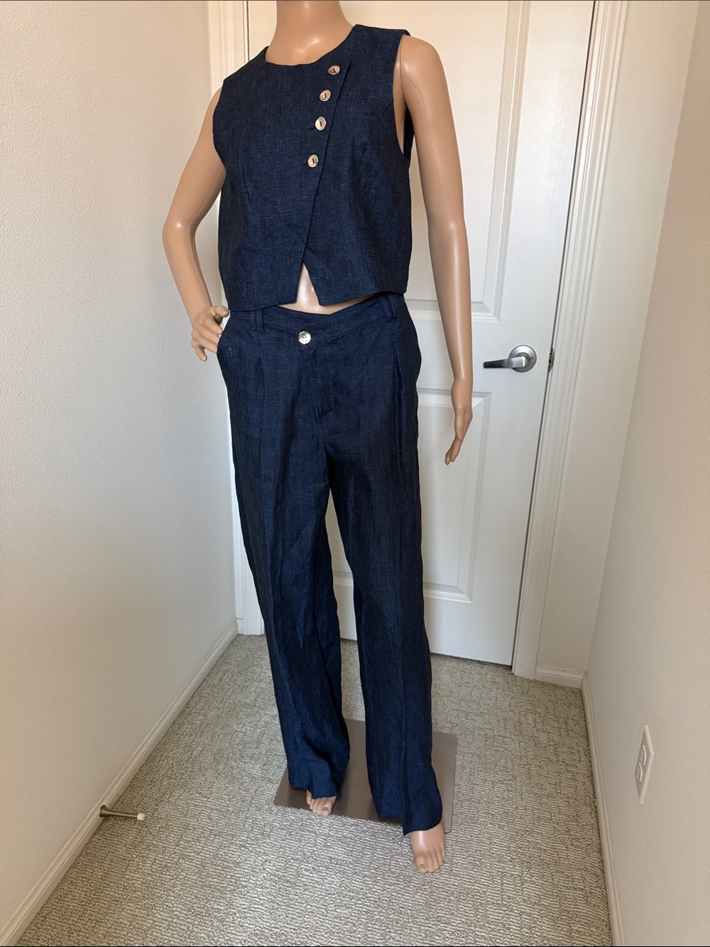 ZARA Sleeveless Navy Double- Breasted 100% linen Vest and Pants Set